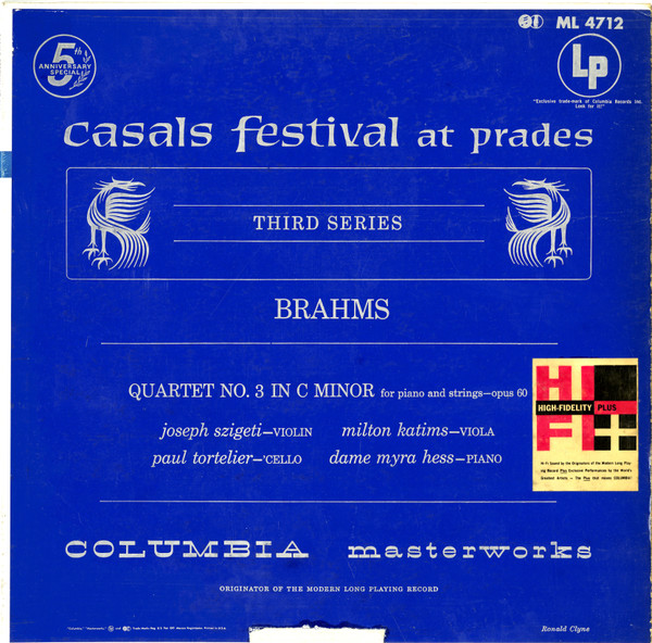 Casals Festival At Prades, Third Series (Quartet No. 3 In C Minor For Piano And Strings--Opus 60)