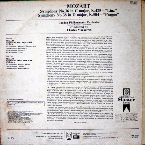 Symphony No 36 In C Major "Linz" / Symphony No 38 In D Major "Prague"